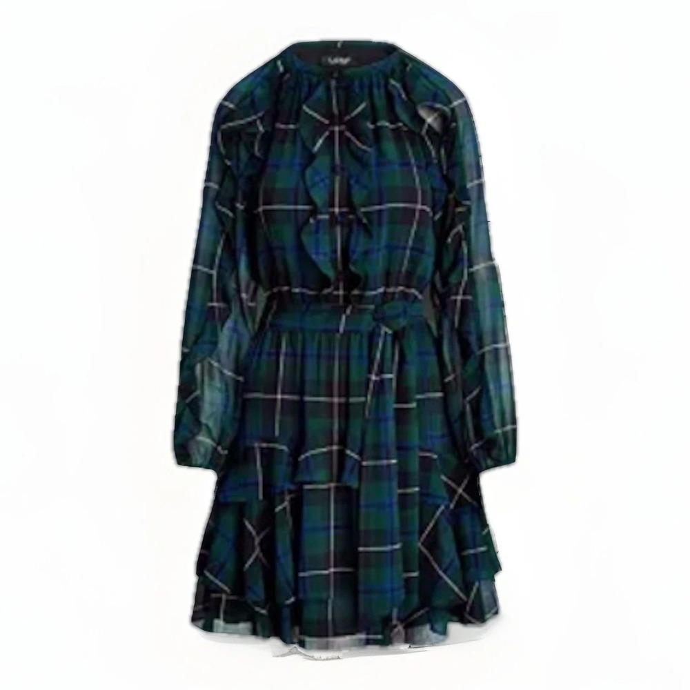 Lauren Ralph Lauren Plaid Ruffle Trim Georgette Dress Womens 8 Green Blue